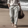 Fashion Cotton Linen Loose Waist Button Trousers Men Clothing Casual Straight Long Pant Summer Men Vintage Solid Beach Trouser - Image 5