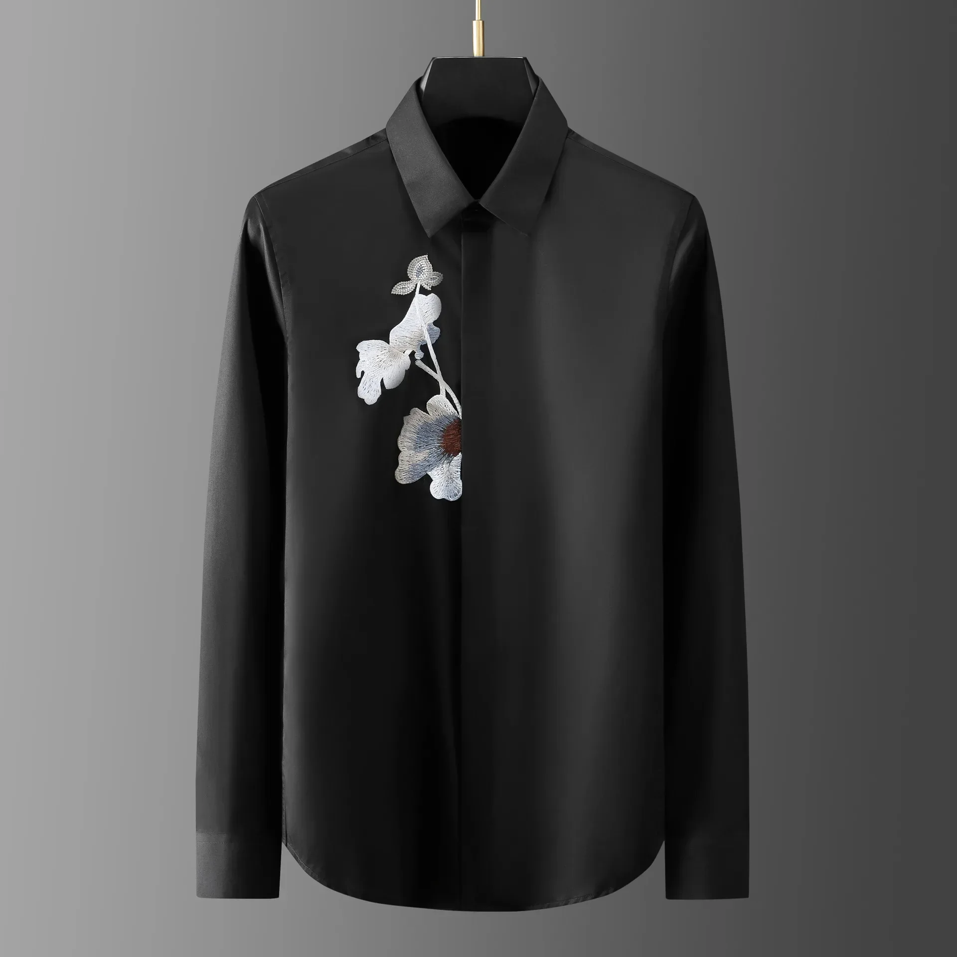 Spring New Flower Embroidered Long Sleeved Shirt for Men's Business Office Formal Dress Shirts Social Party Banquet Men Clothing