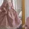 Pink Lace Kawaii Lolita Dress Women Bow Square Collar Elegant Evening Party Dresses Female Puff Sleeve Vintage France Dress 2024