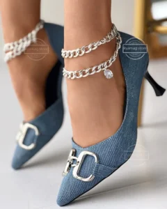 Pumps Women's Buckle Chain Decor Pyramid Heel Metal Decor Point Toe Denim Pumps Side High Heels French Slip-on Single Shoes - Image 5