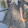 Summer Preppy Style Sweet Lolita Mini Dress Women Kawaii Peter Pan Collar Short Sleeve Plaid Cake Dresses Girly Party Vestidos