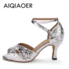 Leather Latin dancing shoes ladies high heels indoor sandals party soft soles jazz tango show 2023 summer soft soles - Image 5