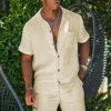 Beach Men Summer Fashion Solid Linen Tracksuit Men Clothing Casual Men's Sets Short Sleeve Lapel Button Shirts & Shorts Suit - Image 2