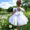 2024 New White Flower Gir Dress Glitter Beads with Feather Bow Evening Party Fluffy Skirt Ball Gown Communion Kid Toddler TUTU