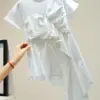 XFPV Women Irregular Stitching Ruffles Top Y2k T-shirt New Round Neck Short Sleeve Sweet Korean Chic Tide Summer 2023 SM2781