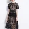 SMTHMA Summer Elegant Flower Lace Hollow Out Runway Dresses For Women Short Sleeve Casual A Line Party Dresses Vestidos