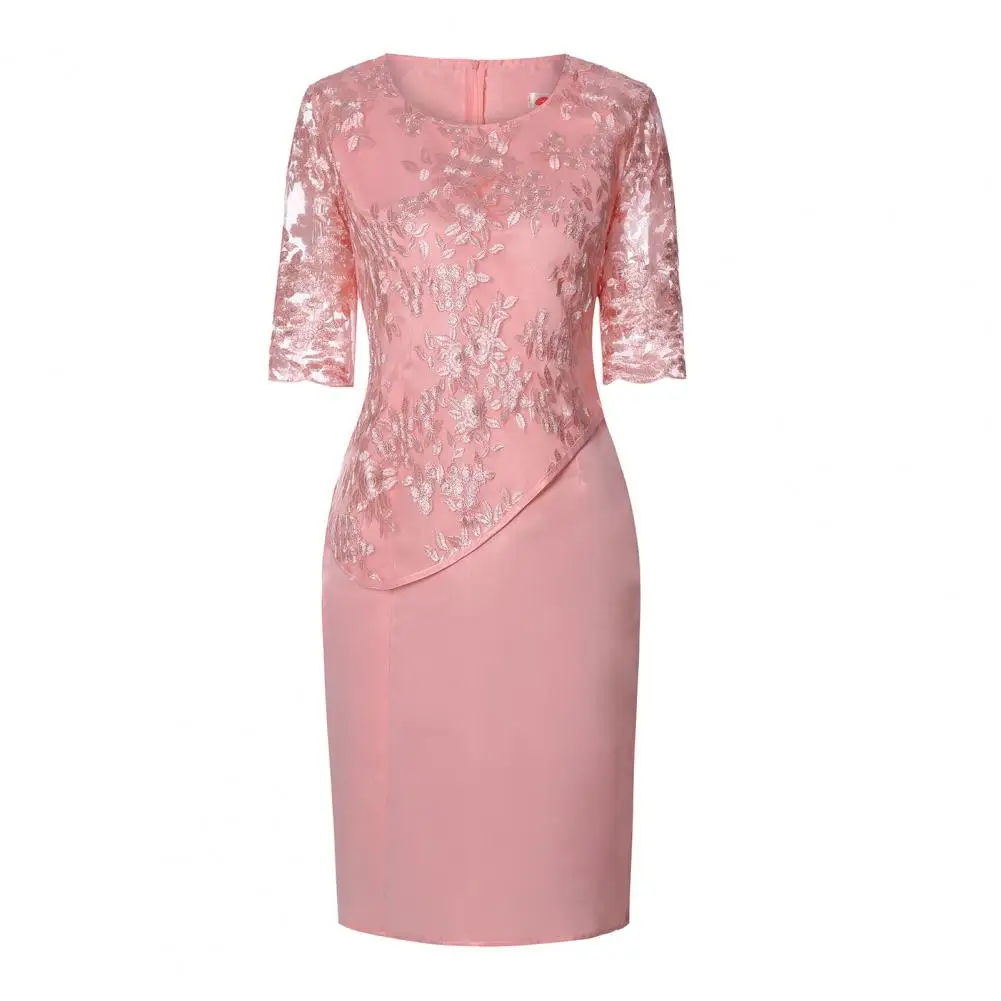 Elegant Dress Beautiful Embroidery Flower Lace Stitching Chubby Women Gown Dress Breathable Midi Dress Streetwear