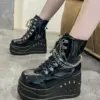 2024 Women's Fashion Boots Plus Size Black Zipper Lace Up Chain Wedge Platform Women Motorcycle Boots Girls Gothic Punk Shoes