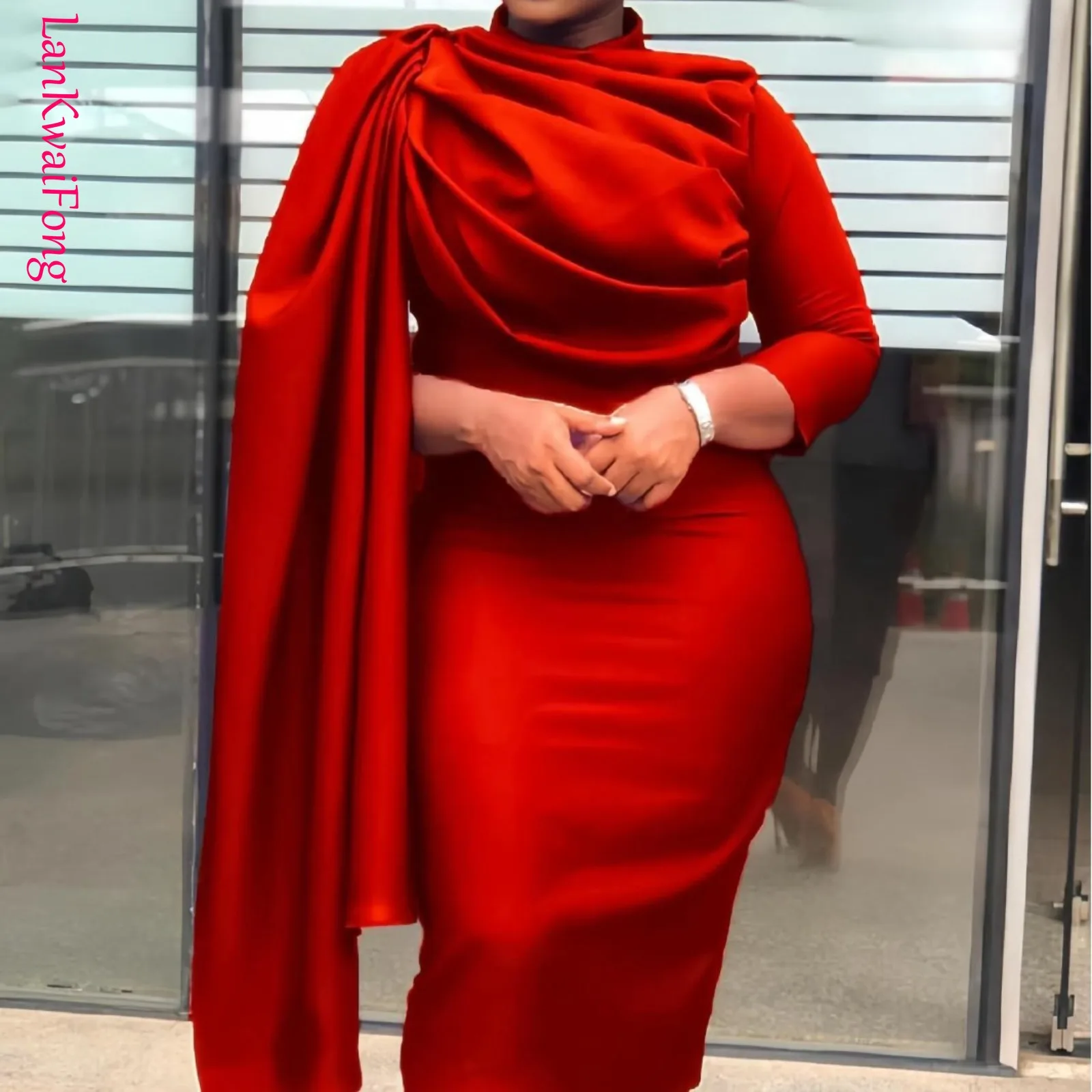LKF Spring Solid Elegant Style Shawl Dress Layered Collar Wrapped Hip Slim Fit Sexy Dinner Midi Dress