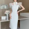 2024 White Patchwork Ruffled Mesh Luxury Dress Women Korean Party Vestidos Spring Summer Elegant Dresses for Official Occasions