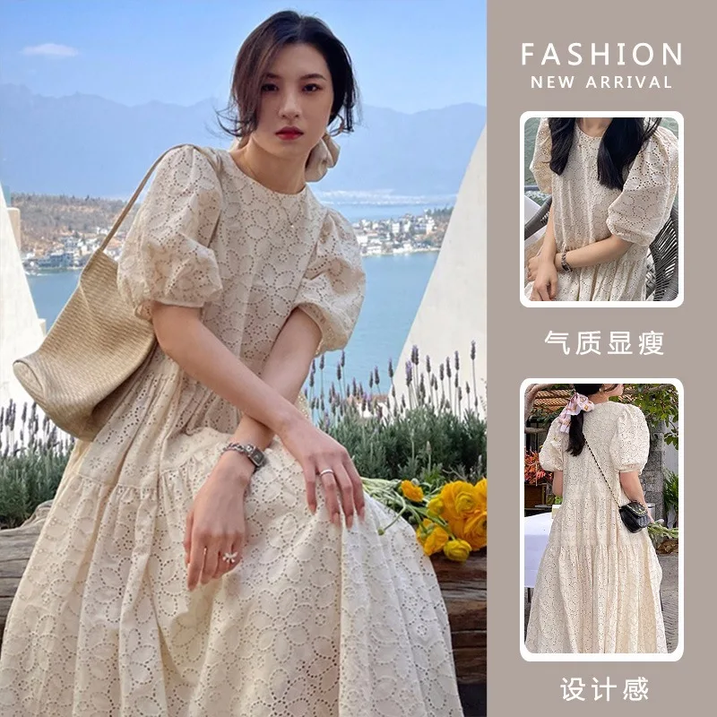 2023 Maternity Dress Summer Dress New Maternity Dress Temperament Slender Mid-length Hollow Dress Loose Fairy Maternity Dress