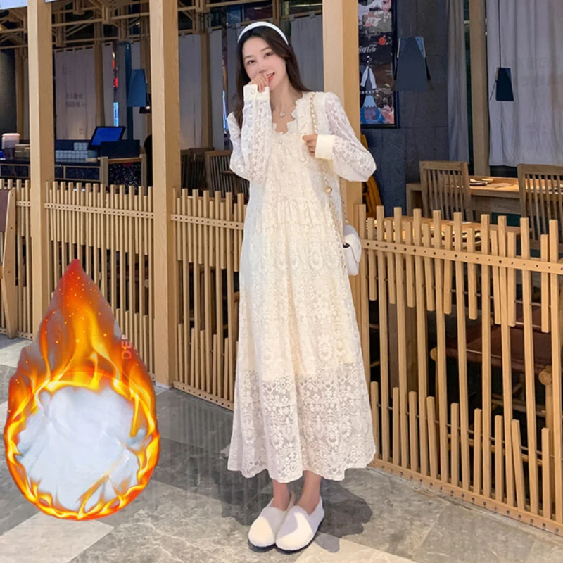 2024 Autumn Winter Maternity Lace Dress Long Sleeve V-neck Sweet Pregnant Woman Party Dress Thick Warm Pregnancy Wedding Dresses