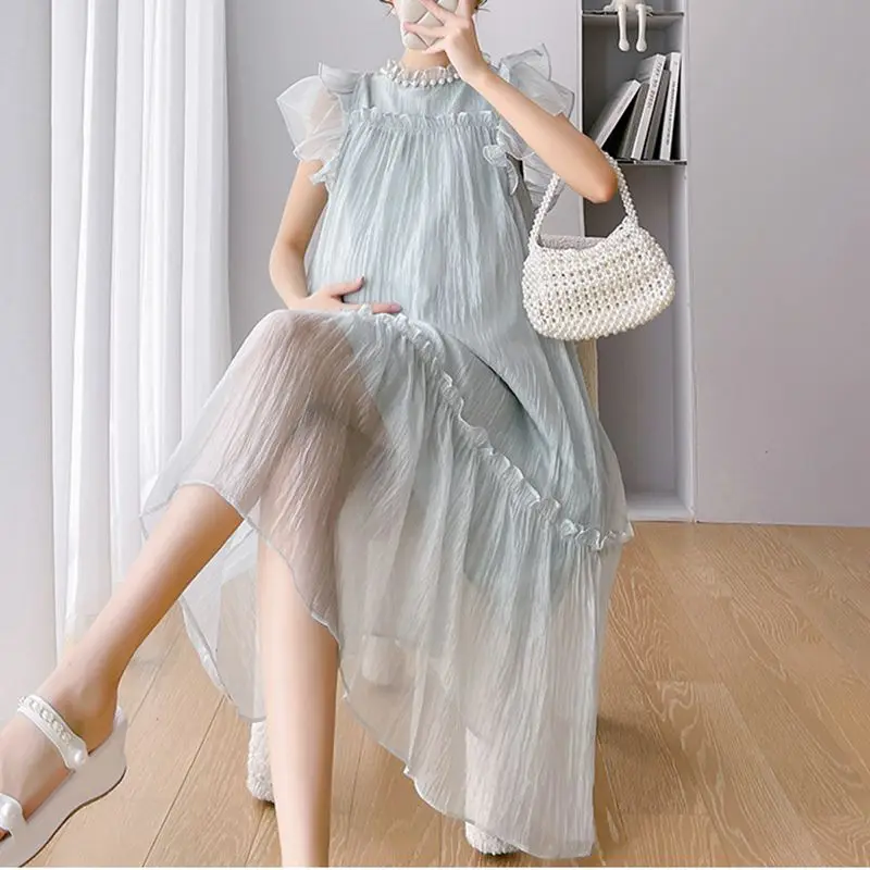 Maternity Dresses Summer Clothes For Pregnant Women French Retro Fly Sleeve Loose Thin Blue Dress White Pregnancy Vestidos