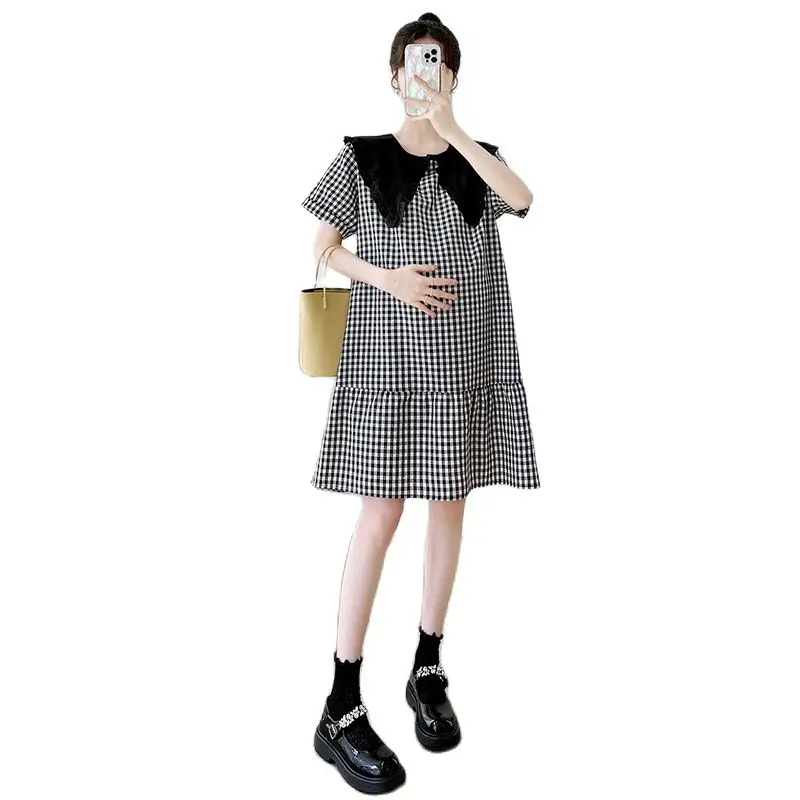 Vintage Black Plaid Dress for Maternity Summer Clothes Short Sleeve Pregnant Women Mini Dress Plus Size Pregnancy A-Line Dress