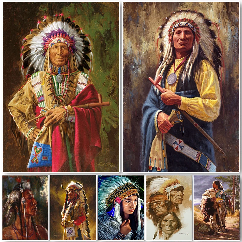 Indian Tribe Indigenous Chief Portrait Horse Poster Canvas Painting Wall Art Pictures Vintage Home Decor For Living Room Bedroom