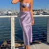 New Fashion Women 2 Piece Summer Outfits 3D Flowers Ruched Satin Bandeau Tops And Skirt Set For Streetwear Aesthetic Clothes