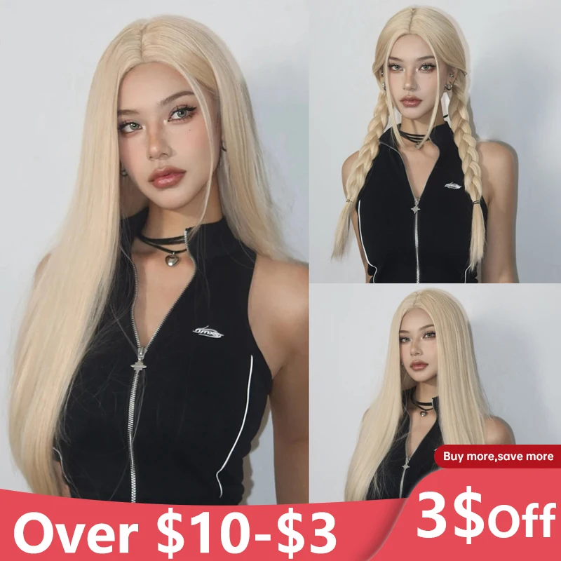 Light Blonde Golden Hair Long Silky Straight Synthetic Wig for Women Blonde Natural Hairs Wig Daily Lolita Heat Resistant Wigs