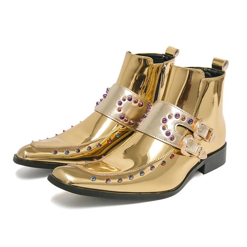 Design Rivet Golden Mens Dress Boots Luxury Genuine Leather Chelsea Boots Men Oxford Shoes Formal Wedding Shoes For Men Size 46