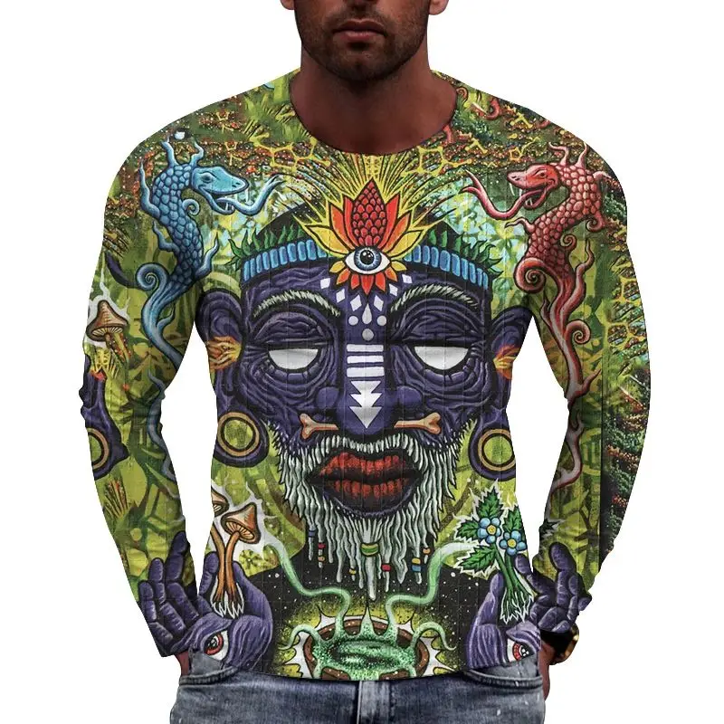 Spring Autumn Men's Personality Classic Retro Ethnic Style 3d Printed O Collar Long Sleeve T-Shirt Fashion Trend Plus Size 6xl