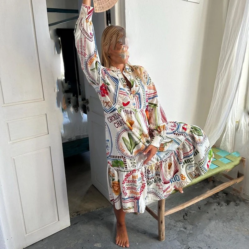 Women Linen Printed Ruffled Hem Dresses Long Sleeve O-neck Loose Beach Holiday Party Dress 2024 Spring Autumn A-line Swing Robe