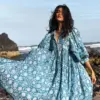India Traditional Midi Dress Summer Block Print Elegant A-Shape Pleated Women Dresses Dubai Luxury Kurta Lantern Sleeve Vestidos