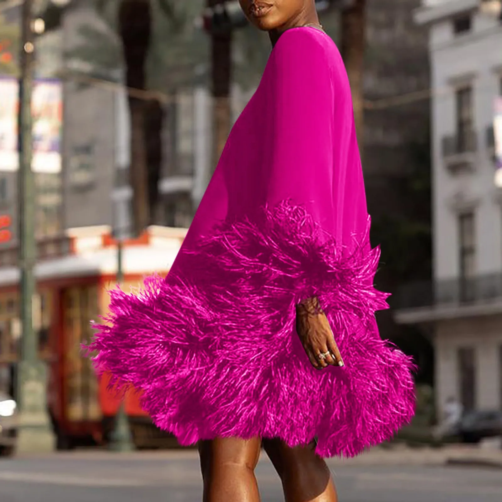 Feather Fur Patchwork Mini Dress Elegant Party Long Sleeve Dress Autumn Winter Women Sexy Personality Y2k Vestidos 2023 Solid
