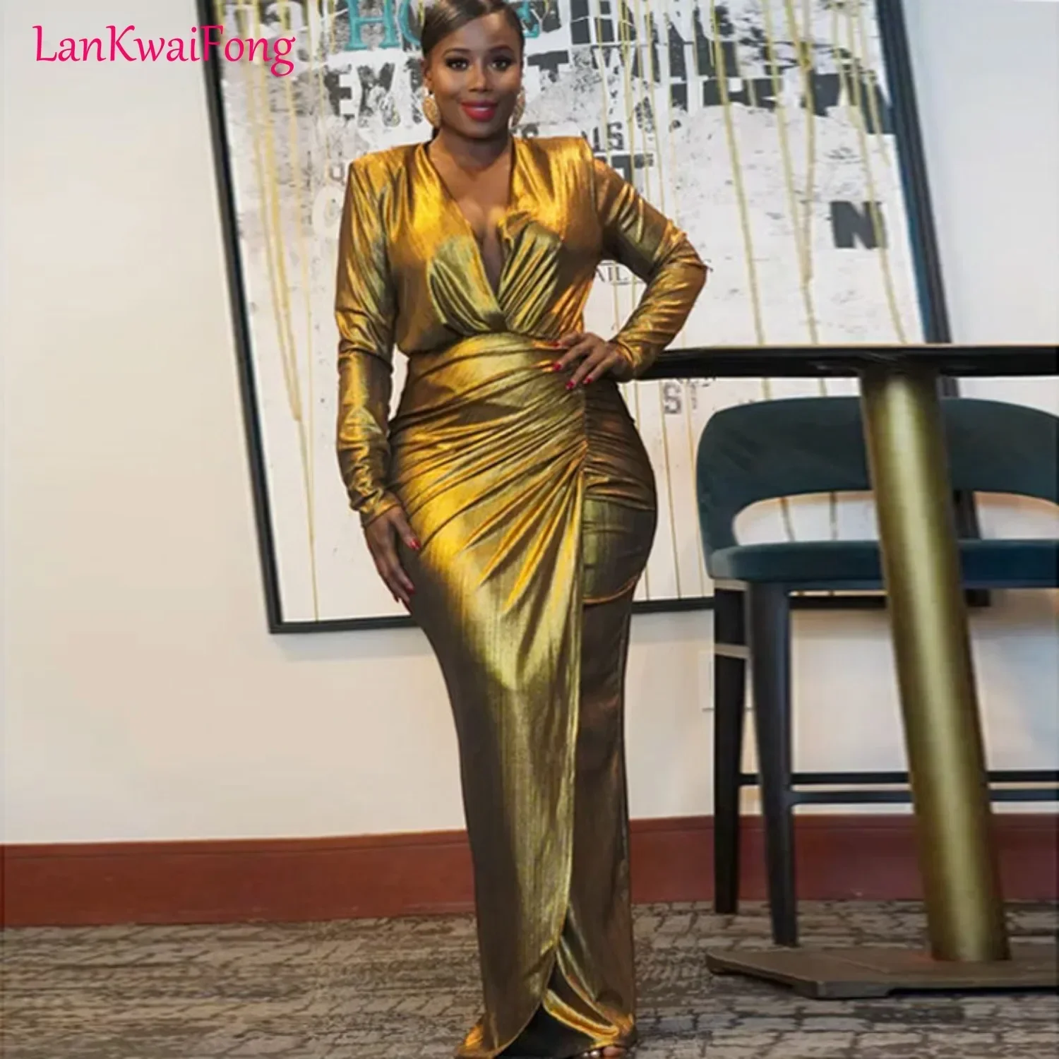 LKF 2024 New Craft Bright Face Sexy Women's Dress with Hip Wrap Slim Fit V-neck Hollow Long Party Leisure MIDI Dress