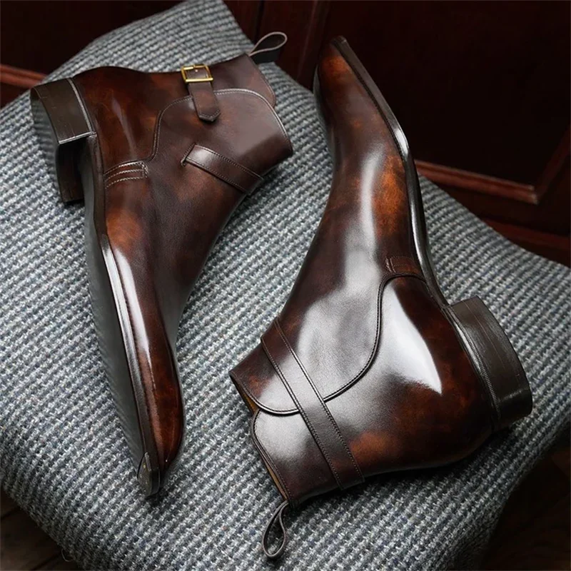 New Men Ankle Boots Brown Black Buckle Strap Classic Fashion Business Shoes for Men with Zapatillas Hombre