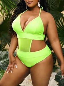 2023 Plus Size Contrast Mesh Solid One Piece Swimsuit With Cover Up Swimwear Women Bathers Summer Beachwear Summer Bathing Suit - Image 4
