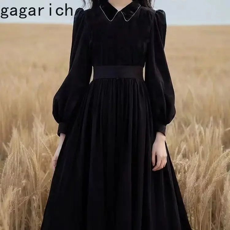 Gagarich Korean 2024 Hepburn Style Black Velvet Dress Autumn Winter Women Vintage New A-line Long Lady Vestidos Mujer