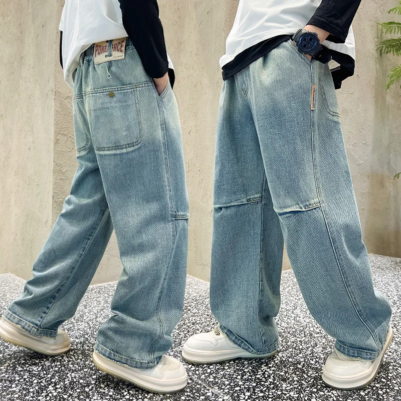 Kids Boys Jeans Blue Elastic Waist Denim Pants 5 6 7 8 9 10 11 12 13 14Years Old Children's Clothing Loose Casual Boys Trousers