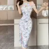 Women Fashion Print Chic Off Shoulder Sexy Slit Long Dress Summer Luxury Party Vestidos 224 Korean Vintage Elegant Festival Robe