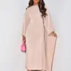 Autumn Fashion Satin Party Dress Robe Abaya Muslim Women Elegant Solid Round Neck Bat Sleeves Loose Maxi Dress Women