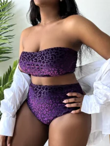 Plus Size Leopard Velvet Bandeau High Waist Bikini Swimwear Women's Swimsuit Beachwear Bathing Suits - Image 2