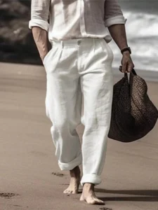Fashion Cotton Linen Loose Waist Button Trousers Men Clothing Casual Straight Long Pant Summer Men Vintage Solid Beach Trouser - Image 3
