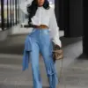 Women Street Fashion High Waist Zipper Fly Wide Leg Straight String Jeans Trousers 2024 Summer Chic Denim Pants
