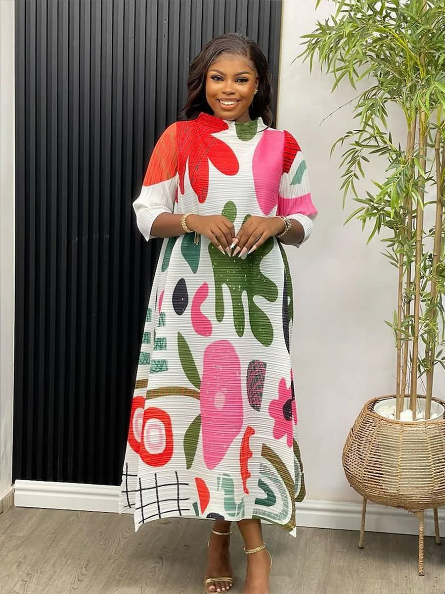 ANLAN Summer New Miyake Pleated Sexi Evening Dress Fashion Printed O-Neck Full Sleeved Wedding Dresses for Women 2024 2AN7093