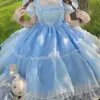 KIMOKOKM Spring Summer Girly Lolita Style Japanese Organza Dress Vintage Peter Pan Collar Kawaii Puff Sleeve Lace Princess Dress