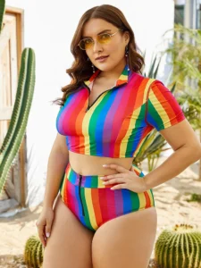 Colorful Rainbow Striped Bikini Set Two-piece Beach Swimsuit Plus Size Zipper Bandage Bikini Bathing Suit Women Swimwear - Image 2