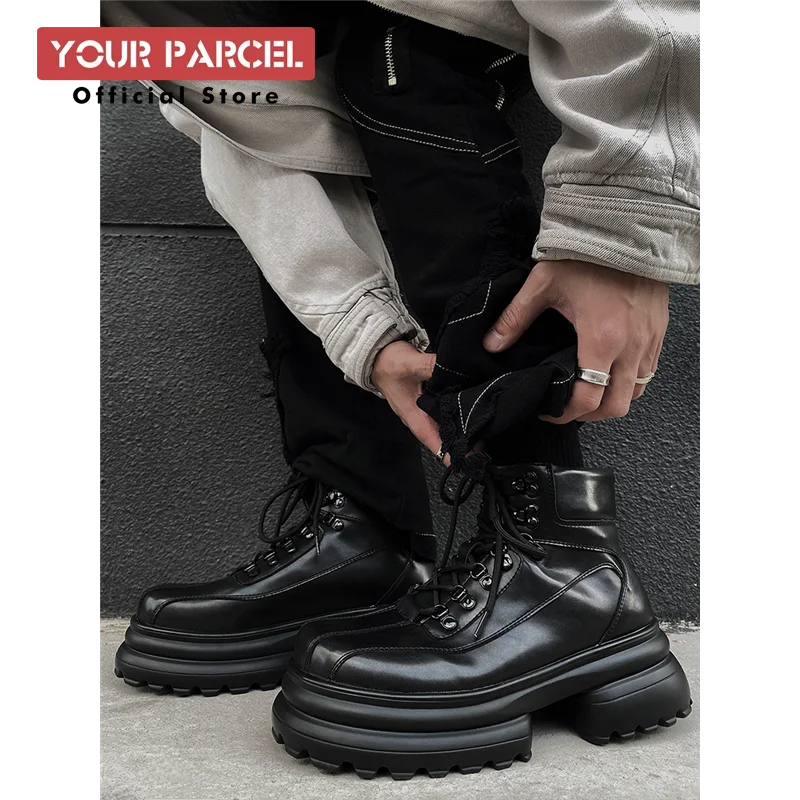 Original design increases height by 7CM Dark Martin boots for men personality leather boots thick soled high top dad shoes