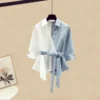 Summer Blue Patchwork Chiffon Shirt Tops Irregular Lace Up Denim Short Skirt Two-piece Elegant Women's Skirt Set Casual Outfits - Image 3