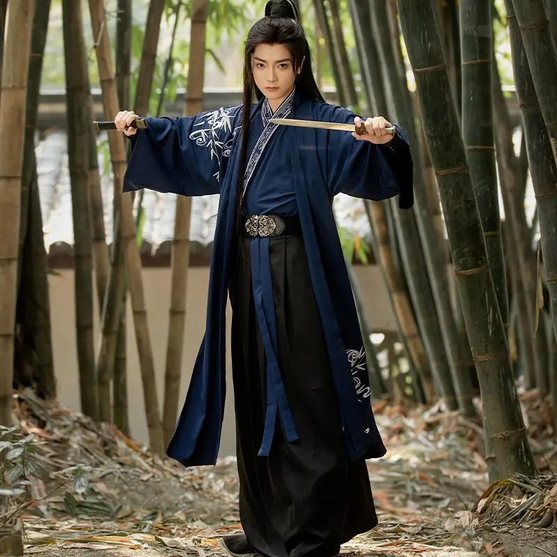 Hanfu Sets Men Chinese Traditional Vintage Printed Hanfu Halloween Cosplay Costume Ancient Black Hanfu Plus Size 2XL