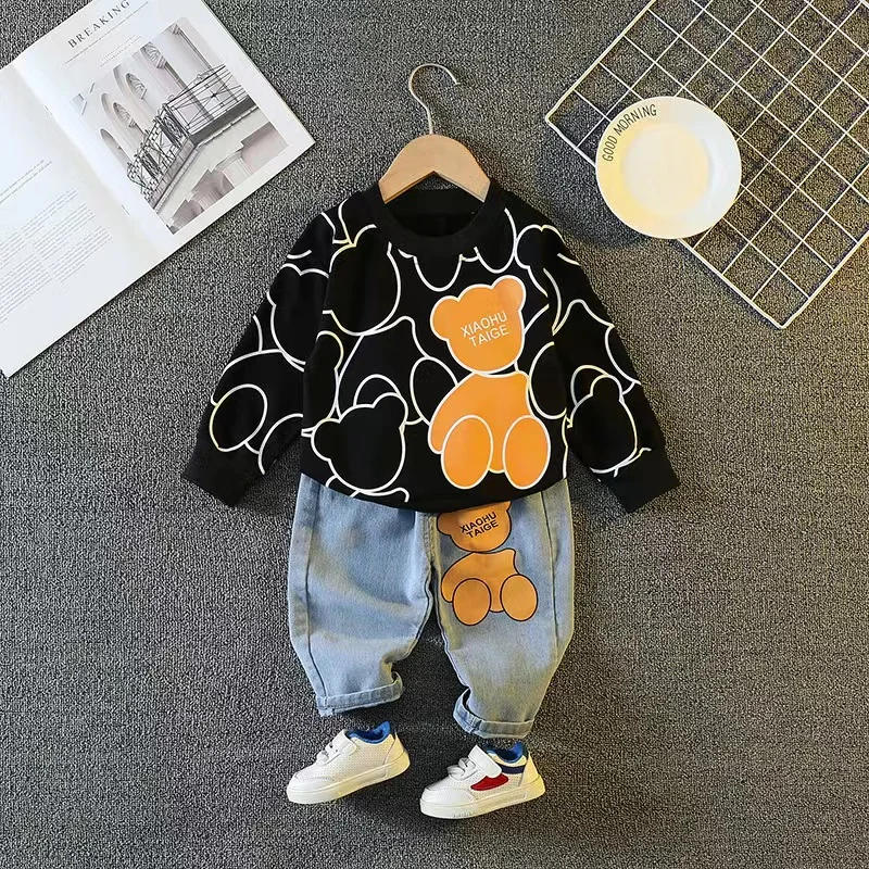 Spring Autumn Baby Boys Girls Clothes Cotton Cartoon Long Sleeve T-Shirt And Jeans Trousers Two Piece Suit Kids Sport Outfits