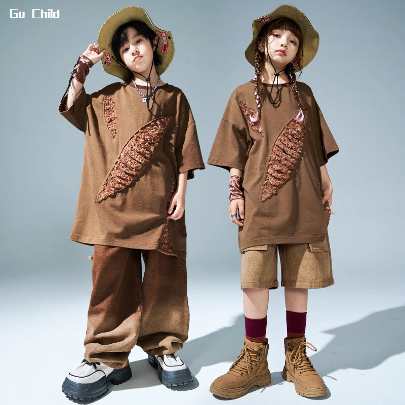 Hip Hop Girls Personalized T-shirt Gradient Baggy Pants Boys Street Dance Cago Shorts Child Streetwear Kids Jazz Clothes Sets