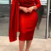 Elegant Ruched Party Pencil Dress Women Solid Ruffle Pleated Cloak Sleeve Bodycon Evening Wedding Dress Women