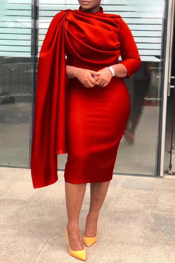 Elegant Ruched Party Pencil Dress Women Solid Ruffle Pleated Cloak Sleeve Bodycon Evening Wedding Dress Women