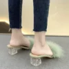Summer Fluffy Peep Toe Sexy High Heels Women Shoes Fur Feather Lady Fashion Wedding Slip-On Pink Square Sandals Tacones Mujer - Image 2