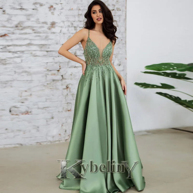 Kybeliny V-Neck Evening Dresses Spaghetti Straps Zipper Prom Robe De Soiree Graduation Celebrity Vestidos Fiesta Women Formal