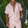 Beach Men Summer Fashion Solid Linen Tracksuit Men Clothing Casual Men's Sets Short Sleeve Lapel Button Shirts & Shorts Suit - Image 3