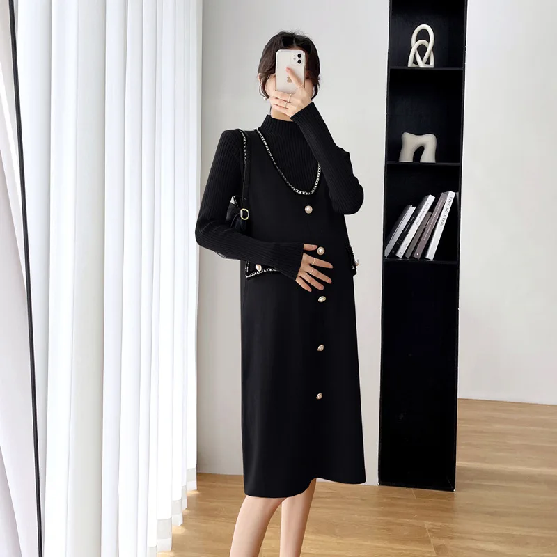 Pregnant Women Spring And Autumn New Fashion Mid-length Knitted Vest Dress Two-piece Winter Simple Western Style Maternity Dress